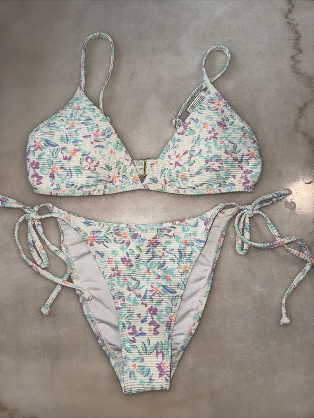 Billabong Mint Floral Ribbed Tie-Side Bikini